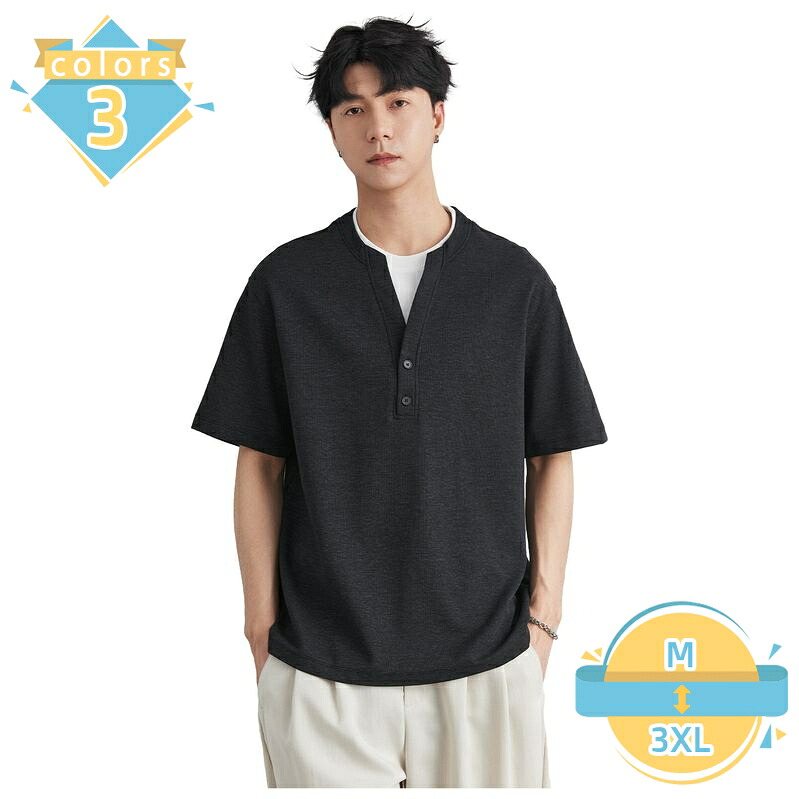 tシャツ メンズ ヘンリーネック 半袖 重ね着風 レイヤード風 トップス カジュアル カットソー ゆったり 大きいサイズ サマーニット 夏服 ティーシャツ 無地 シンプル おしゃれ 通学 お出かけ mssk-online|トラベア雑貨店