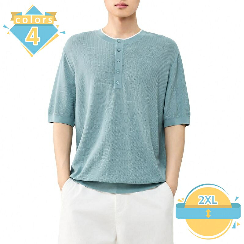 メンズ サマーニット 半袖 tシャツ 着痩せ見え 首元 配色 ライン トップス 襟付き カジュアル シャツ ニットソー 紳士服 デイリー 通勤 通学 お出かけ おしゃれ ゆったりサイズ mssk-online|トラベア雑貨店
