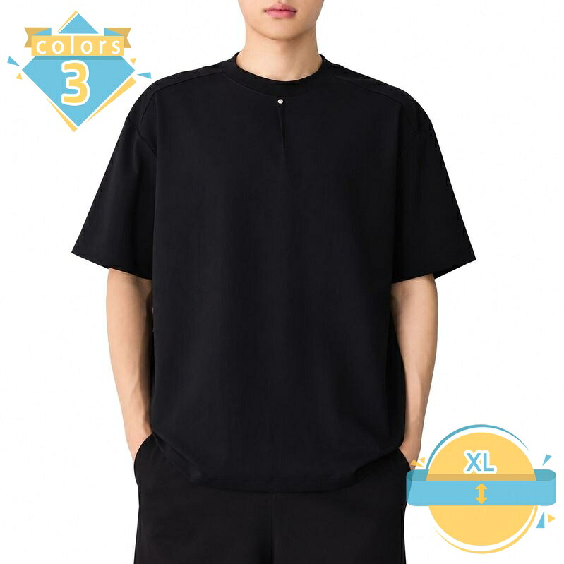 ゆったり tシャツ メンズ 半袖 着痩せ見え カットソー ヘンリーネック風 クルーネック ボタン付き 無地 カジュアルシャツ トップス ドロップショルダー 大きめサイズ 春夏 デイリー 旅行 mssk-online｜トラベア雑貨店