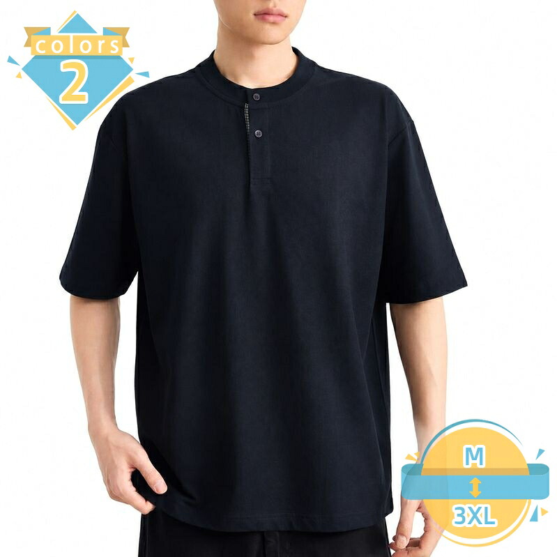 メンズカットソー ゆったりサイズ ヘンリーネック Tシャツ 半袖 カジュアル 無地 襟付き シャツ ボタン付き トップス ルーズフィット 大きいサイズ 夏物 デイリーユース お出かけ mssk-online|トラベア雑貨店