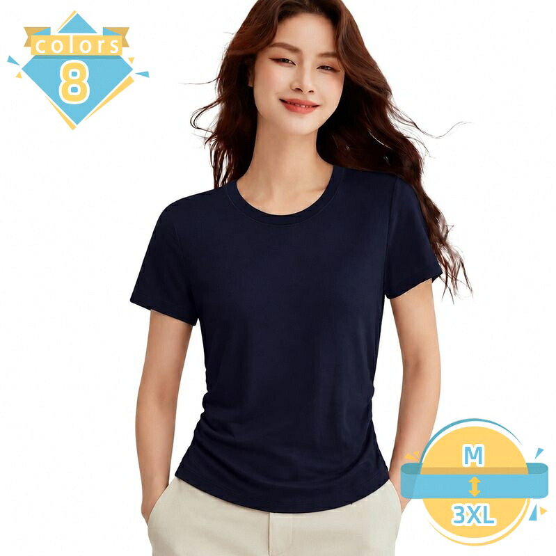 着痩せ Tシャツ レディース 半袖 カットソー サイドシャーリング ギャザー トップス 丸首 クルーネック 無地 フェミニン 上品 大人 コーデ デイリー オフィスカジュアル mssk-online|トラベア雑貨店