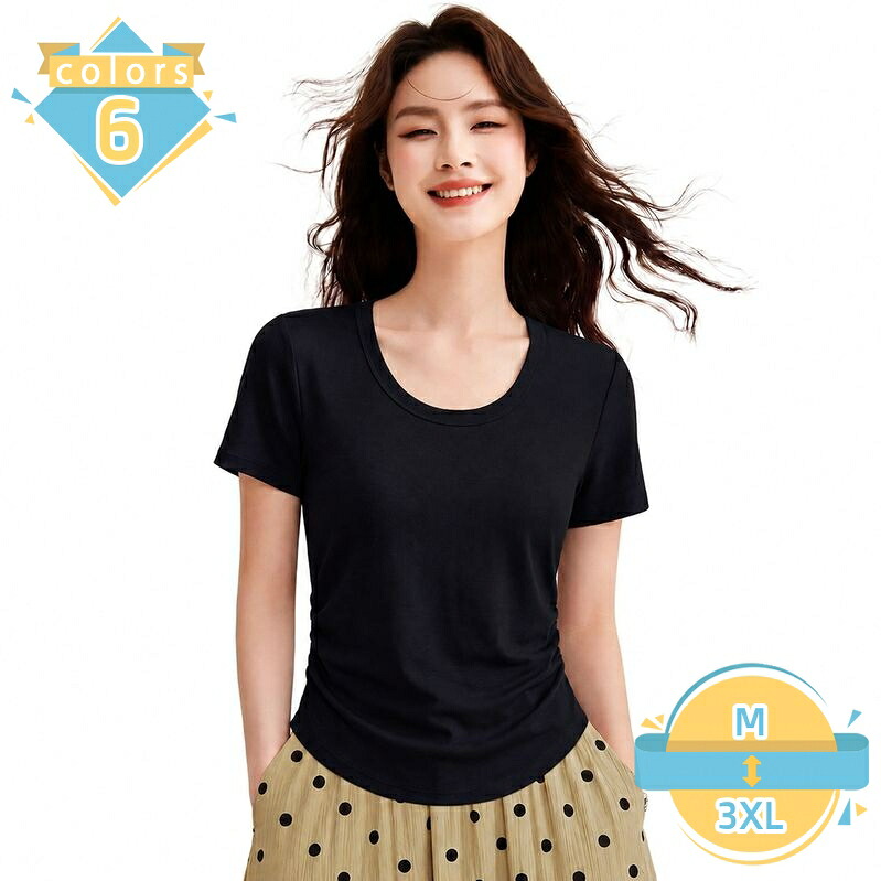 カットソー 半袖 レディース 体型カバー Uネック Tシャツ ギャザー 無地 インナーシャツ 薄手 トップス きれいめ 上品 オフィス 仕事着 カジュアル 普段着 旅行 レジャー デート 大きいサイズ mssk-online｜トラベア雑貨店