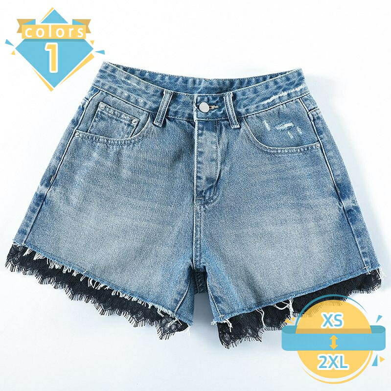 ハイウエスト デニム ショートパンツ レディース 着痩せ デニムパンツ ズ ショート丈 フリンジ レース ドッキング キュロット 体型カバー 大きいサイズ お出かけ mssk-online|トラベア雑貨店
