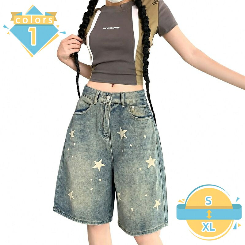 ハーフパンツ デニム レディース 体型カバー ワイドパンツ 五分丈 星柄 ズ ショート ジーパン ゆったり カジュアル デイリー お出かけ 通学 ストリート系 mssk-online｜トラベア雑貨店