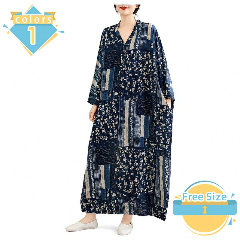 ワンピース レディース ロングワンピース 体型カバー ゆったり 長袖 マキシ エスニック風 Vネック 総柄 プリント ロング丈 ワンピ レトロ モダン カジュアル お出かけ 旅行 大きいサイズ mssk-online｜トラベア雑貨店 9,380円