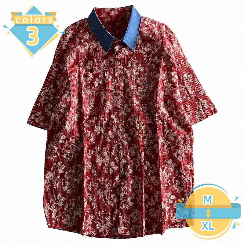 チェックシャツ 半袖 メンズ 刺繍 花柄 襟付き 切り替え デザインシャツ レトロ ファッション 春服 夏服 カジュアル ゆったり 大きいサイズ 羽織り ストリート系 mssk-online｜トラベア雑貨店