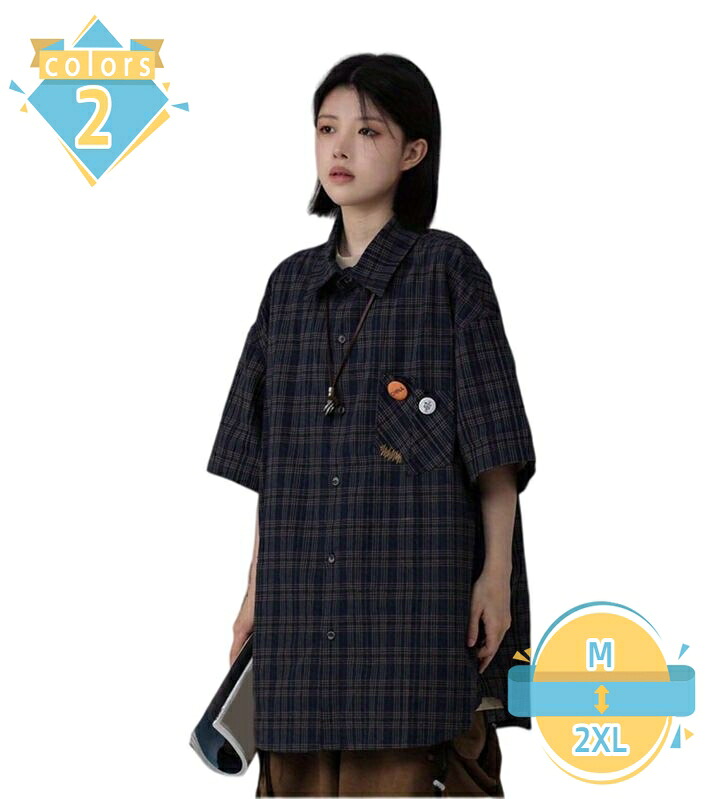 シャツ メンズ 半袖 チェック柄 夏服 襟付き カジュアル ワークシャツ ビッグシルエット ストリート 羽織り 涼しい オシャレ お出かけ 通勤 通学 体型カバー 大人 mssk-online|トラベア雑貨店