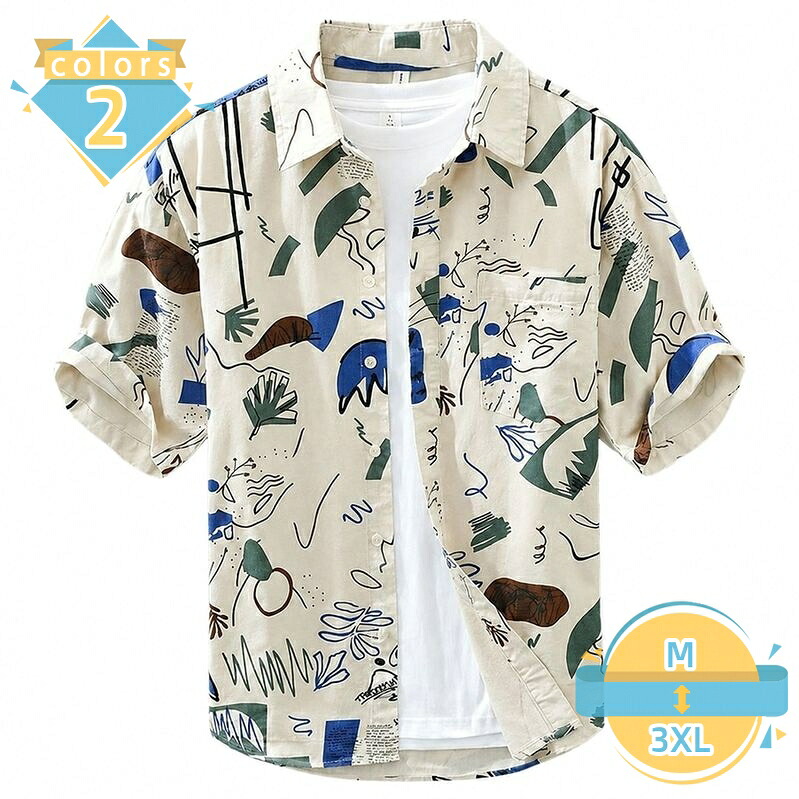 メンズ シャツ 半袖 総柄 体型カバー ゆったり オーバーサイズ プリントシャツ カジュアル トップス 夏服 涼しい おしゃれ かっこいい ストリート ファッション レトロ 幾何学模様 ジャケット 爽やか お出かけ mssk-online｜トラベア雑貨店