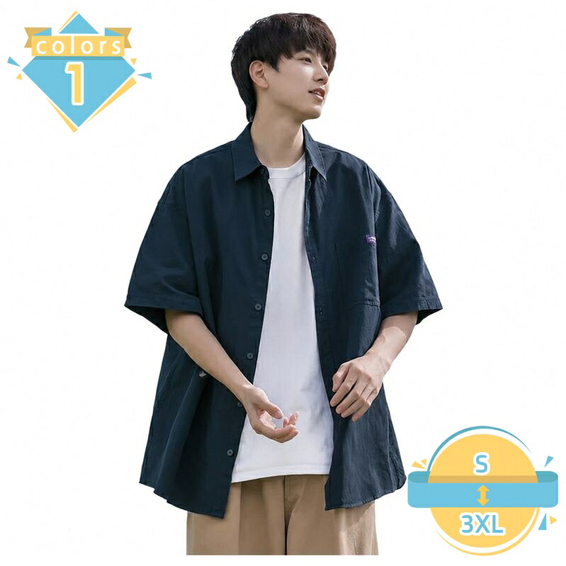 ワークシャツ メンズ 半袖 シャツ オーバーサイズ ゆったりサイズ 体型カバー 着痩せ 見え カジュアル 夏服 5分袖 ポケット付き シンプル 無地 レトロ ストリート コーデ mssk-online｜トラベア雑貨店