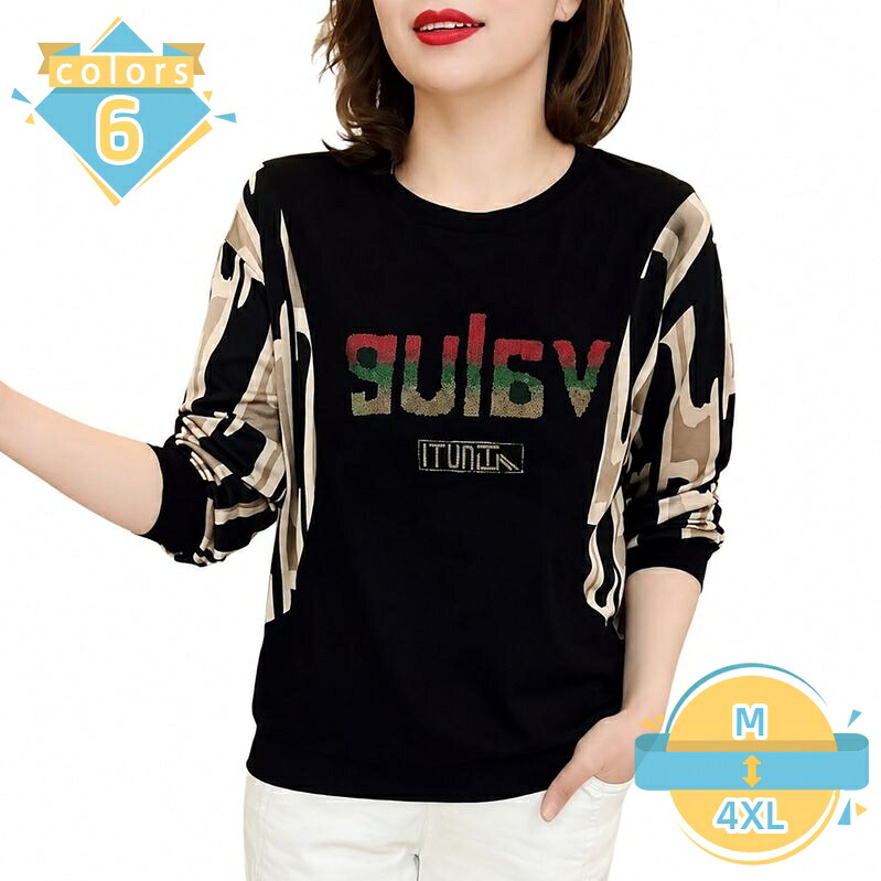 Tシャツ レディース 長袖 体型カバー 着痩せ ゆったり トップス クルーネック 配色 切り替え ラインストーン 大人 母親 ママ 服 ミセス ファッション おしゃれ きれいめ カジュアル 秋 冬 春 mssk-online|トラベア雑貨店
