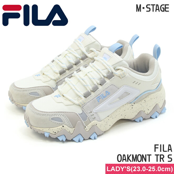 【FILA】フィラ スニーカー オークモント TR S レディース ローカット オフホワイト系 スノーホワイト/シルバーグレー/クリアスカイ カジュアル ダッド シューズ 厚底 レトロ リフレクター フットウェア FILA OAKMONT TR S SNOW WHITE/SILVER GRAY/CLEAR SKY USS24027-109画像