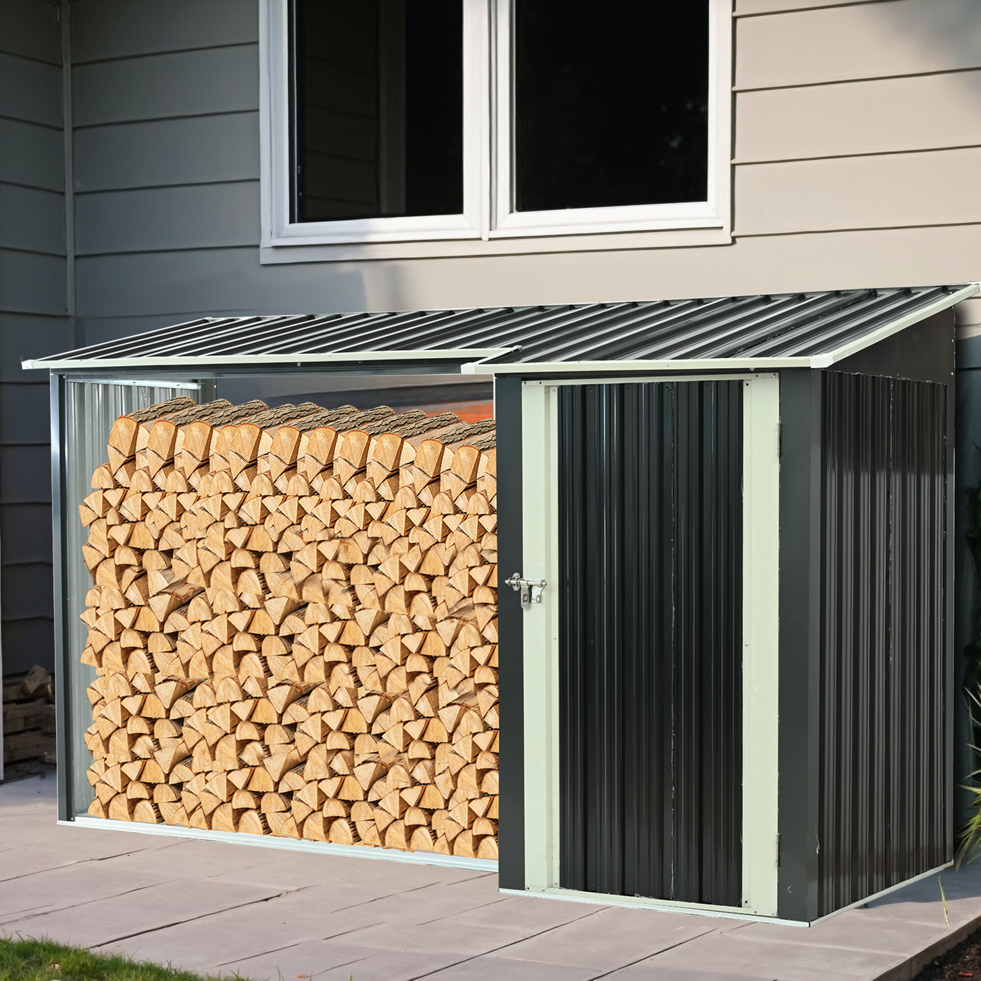 【L227xW92xH160cm】薪小屋&収納庫 屋外 屋根付き 薪ラック 耐荷重300KG 物置 薪棚 薪ストッカー 薪置き棚 薪ストーブグッズ 薪 ラック 大型 軽量 チール製 収納 整理 保管 乾燥 薪保管 薪収納 アウトドア 暖炉 焚火 組み立て式 室外 家庭用【ブラック】|MSトレンド