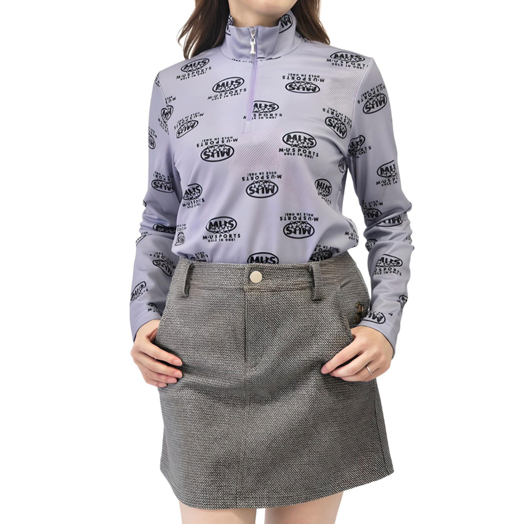 【SALE 30%OFF】[MU SPORTS] ゴルフ シャツ ロゴ総柄長袖ポロシャツ / 吸水速乾 UVカット モックネック メッシュ素材 通気性 快適