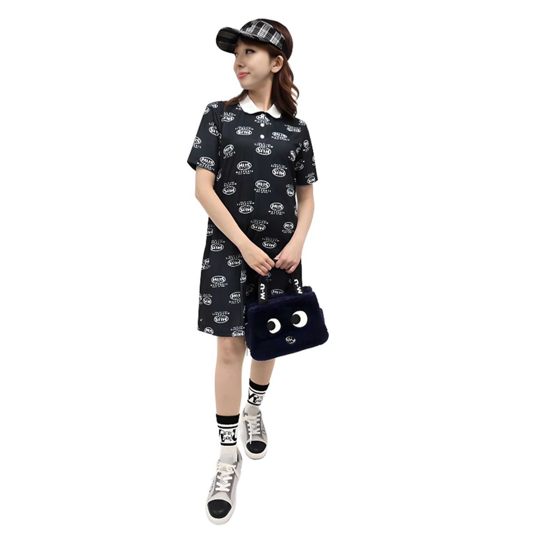 【SALE 30%OFF】[MU SPORTS] ゴルフ ワンピース ロゴ総柄半袖ワンピース / 吸水速乾 UVカット ポケット付き メッシュ素材 通気性 快適