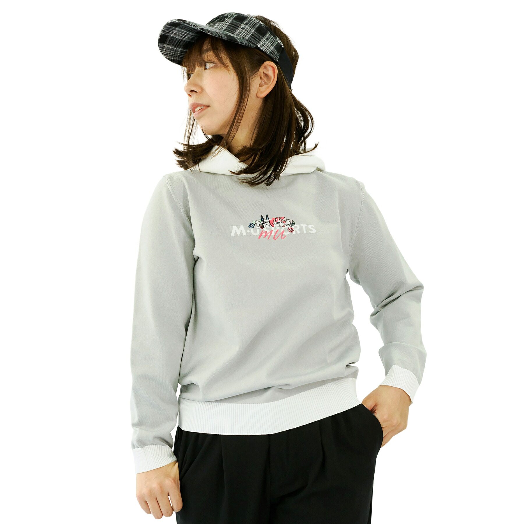 【SALE 30%OFF】[MU SPORTS] ゴルフ レディース 刺繍モチーフニットフーディー 洗えるニット ポリエステル100% 高機能 セーター 天竺編み キャラクター刺繍 ジャガード織りロゴ おしゃれ ホワイト ライトグレイ サイズ40/42/44 701R7200 お手入れ簡単