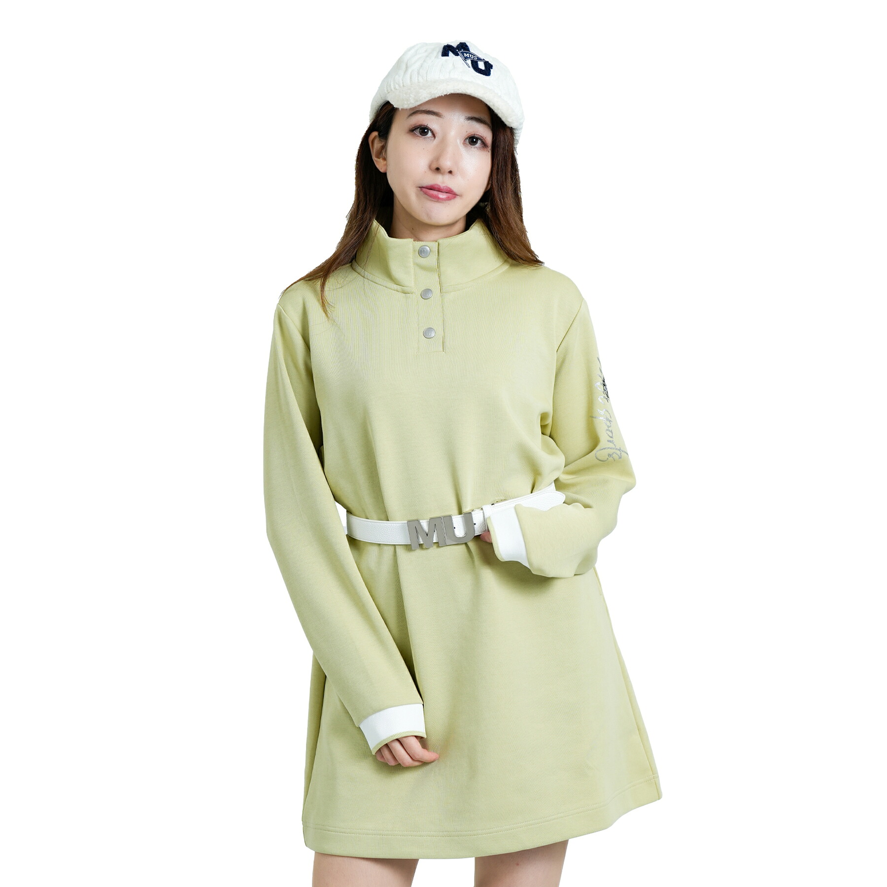 【SALE 30%OFF】[MU SPORTS] ゴルフ レディース ダンボールニット チュニック ワンピース 長袖 日本製 高機能 ストレッチ アーモ刺繍 ラメロゴ ハイネック ブラック グリーン サイズ40/42/44 701R7414 プレゼント ギフト！着心地抜群のダンボール素材で快適ラウンド！