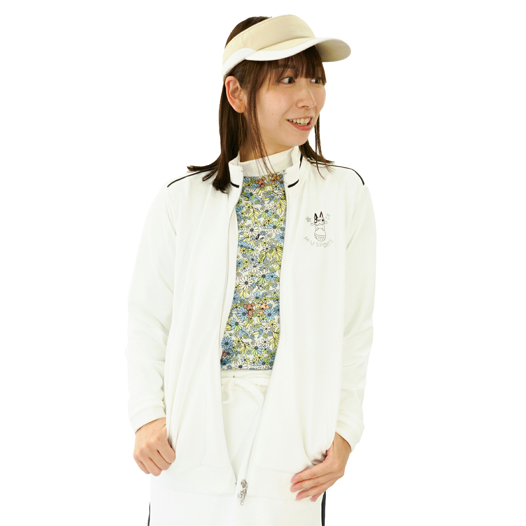 【SALE 50%OFF】[MU SPORTS] ゴルフ レディース ブルゾン 高機能 ストレッチ UVカット 吸水速乾 接触冷感 ダンボールジップアップ モノトーン 配色ライン フレンチブルドッグ ホワイト ブラック サイズ40/42/44 701R7600 自分へのご褒美！快適さとデザイン性を両立