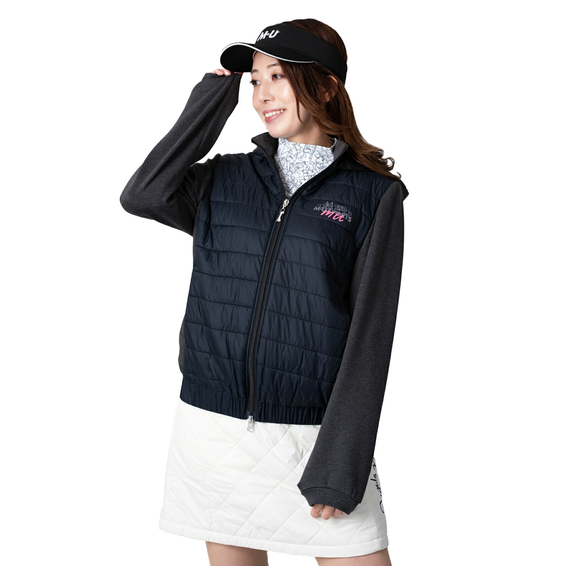 【SALE 30%OFF】[MU SPORTS] ゴルフ レディース 中綿ドッキングブルゾン 保温 防寒 ストレッチ 異素材切り替え おしゃれ アウター 701R7604 ブラック ホワイト サイズ40/42/44 プレゼント ギフト！暖かくて動きやすい冬の必需品