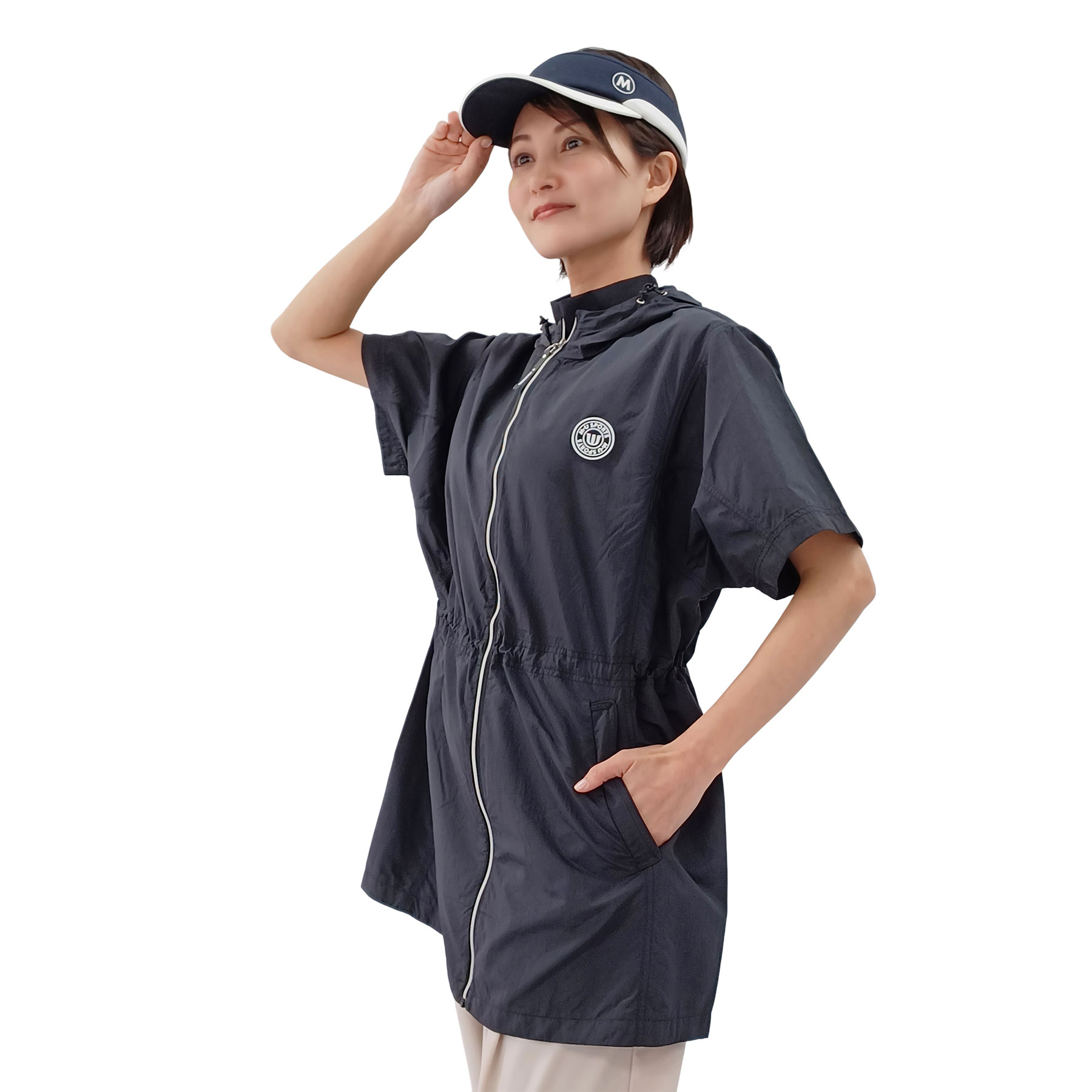 【SALE 50%OFF】[MU SPORTS 公式] ゴルフ ロングブルゾン 半袖フード付き / ベストライク レーヤード ワッペン アジャスター 撥水機能 レインブルゾン｜M・U SPORTS　公式店
