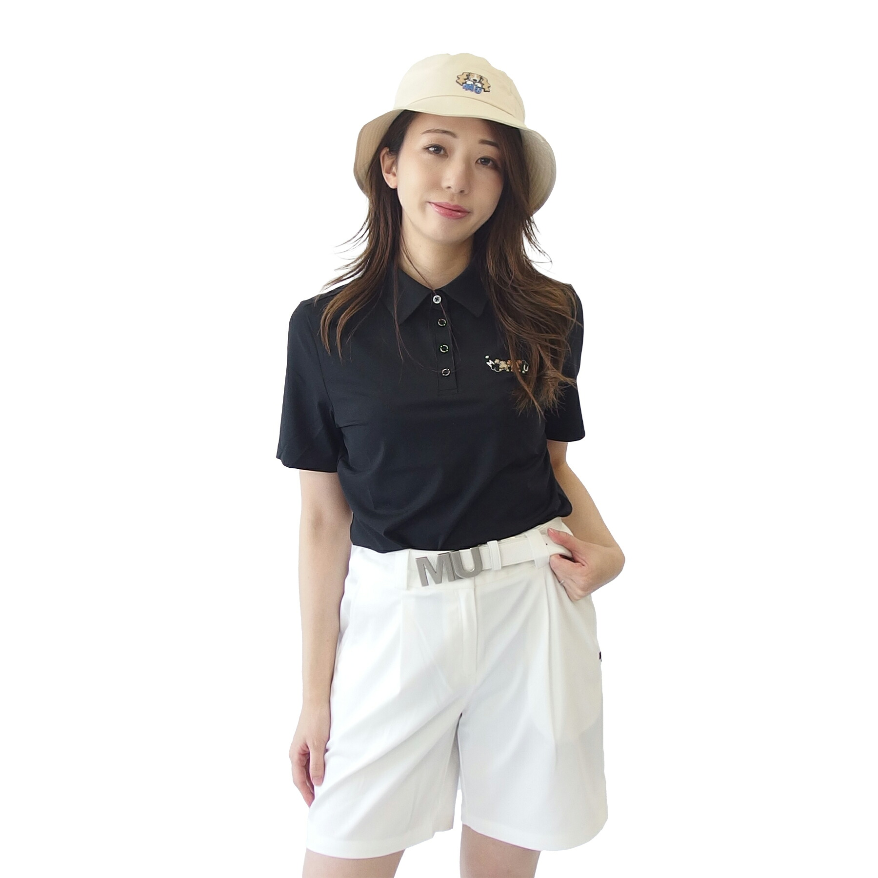 【SALE 50%OFF】[MU SPORTS 公式] ゴルフ パンツ ハイテンションＭＵハーフ / レーヨン混 光沢感 ハーフパンツ 刺繍 カジュアル レディース ゴルフ女子
