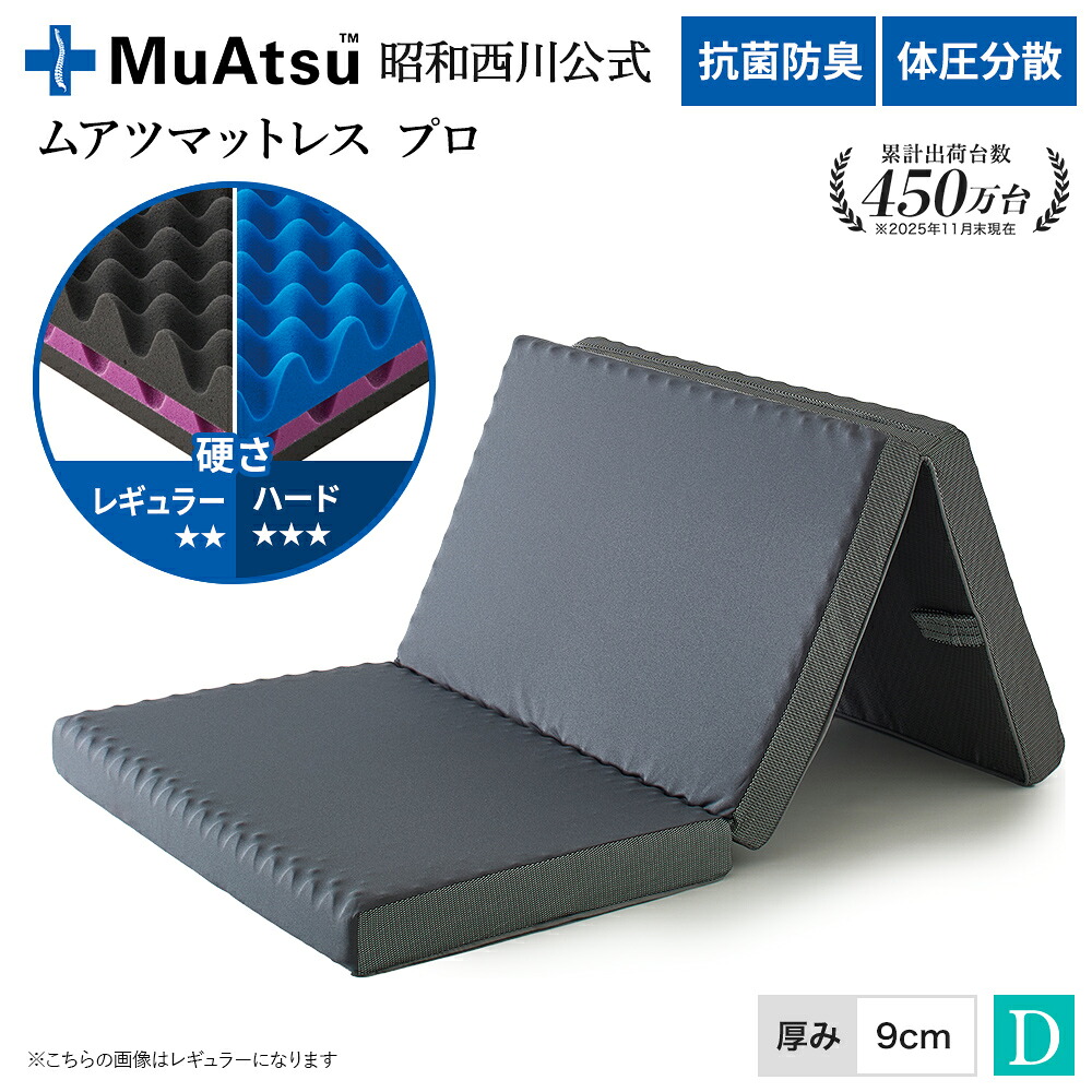 昭和西川 ムアツマットレス プロ ダブル レギュラー・ハード レビューキャンペーン対象 三つ折り 敷布団 ウレタン 凹凸構造 3層構造 体圧分散 厚さ9cm 抗菌 防臭側地洗濯可