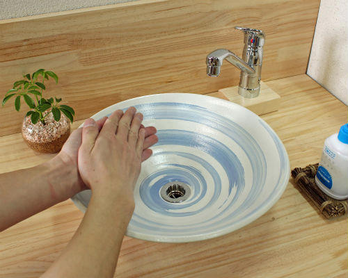 【ポイント8倍】 洗面ボウル 陶器 おしゃれ 信楽焼 陶器 手洗い鉢 蒼流し 洗面器 置き型 大きめ 洗面鉢 深型 排水金具付き トイレ用 信楽焼き(MB030-03G)