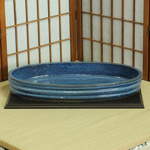 信楽焼 水盤 ネイビー 千段 小判 18号 生け花 花器 池坊 小原流 創作 陶器 生花 在庫数限り 在庫処分 和風 庭 花瓶 華道 花入 フラワーベース 立花 ギフト 信楽焼き 華道 未生流 古流 遠州流(M-11B)