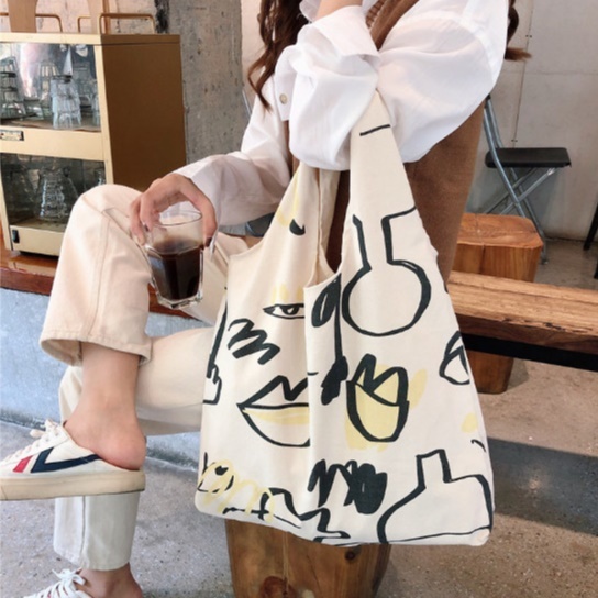 楽天市場 エコバッグ バッグ トートバッグ イラスト レディース 韓国 韓国ファッション シンプル デイリー 送料無料 Muhly