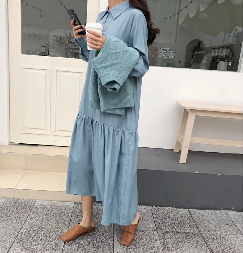 楽天市場 フレアブルーワンピース ワンピース 秋服 長袖 ロング 韓国ファッション 韓国 ロングワンピース 体系カバー Muhly