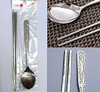 【中古】【インポート品・未当て嵌める】[ART SENSE] ステンレススチールスプーンと箸1仕掛ける / Stainless Steel Spoon and Chopsticks 1Set / 人蔘の行動様式 / Ginseng pattern / 食器