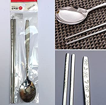 【中古】【インポート品・未当て嵌める】[ART SENSE] ステンレススチールスプーンと箸1仕掛ける / Stainless Steel Spoon and Chopsticks 1Set / オレンジ色色の飾りつけ / Orange pattern / 食