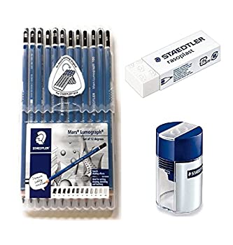 【中古】【輸入品・未使用】ステッドラー(STAEDTLER) 鉛筆 マルス ルモグラフ (12本セット 消しゴム 鉛筆削り 付き)