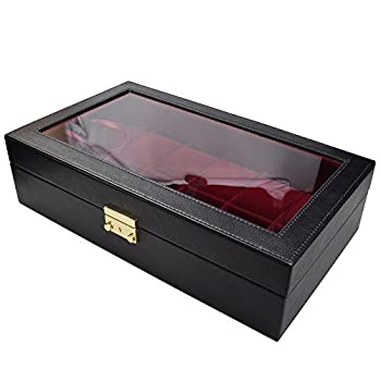 【中古】【輸入品・未使用】IkeeデザインブラックLeatheretteレッドベルベット12時計ケースボックス表示&ジュエリーオーガナイザーWガラストップ