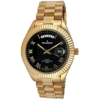 【中古】【輸入品・未使用】[プジョー] Peugeot 腕時計 Men's '14K All Gold Plated Day Date Roman Numeral Stainless Steel Big Black Face Fluted Bezel Luxury' Quartz