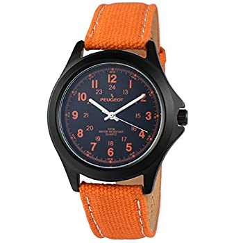 【中古】【輸入品・未使用】[プジョー] Peugeot 腕時計 Black Aviator 24Hr Time Markers%ｶﾝﾏ%Water-Resistant with Orange Canvas Strap アナログ クォーツ 2055OR 【並行