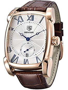 【中古】【輸入品・未使用】BENYAR 腕時計 メンズ 日付 週 月相 スクエア 3気圧 防水 ブラック ブラウン ブルー レザーストラップ ファッション カジュアル クラシック レト