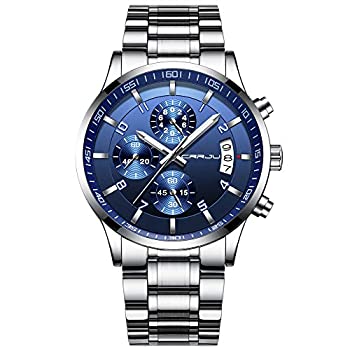 【中古】【輸入品・未使用】CRRJU メンズ ファッション Staonless スチールウォッチ 日付 防水 クロノグラフ 腕時計 ステンレススチールバンド 防水腕時計 シルバーブルー