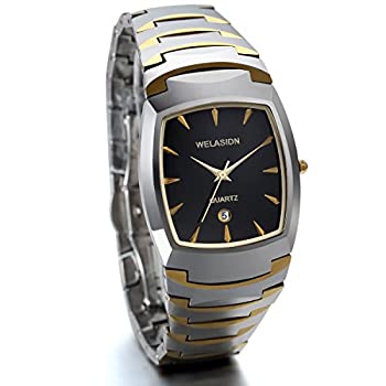 【中古】【輸入品・未使用】JewelryWe メンズブレスレットウォッチ タングステンカーバイド スクエアダイヤル クォーツ腕時計 彼へのギフト カスタマイズ可 ゴールド|ムジカ&フェリーチェ店