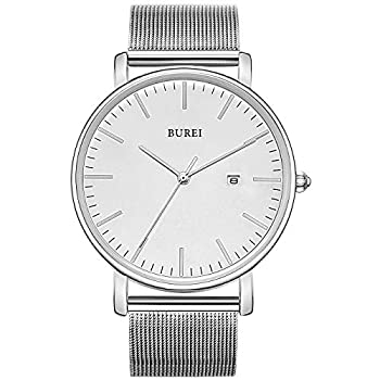 【中古】【輸入品・未使用】BUREI メンズ腕時計 超薄型 レディースクォーツ アナログ腕時計 日付カレンダー ダイヤル ミラネーゼメッシュバンド レザーバンド シルバー(Silv