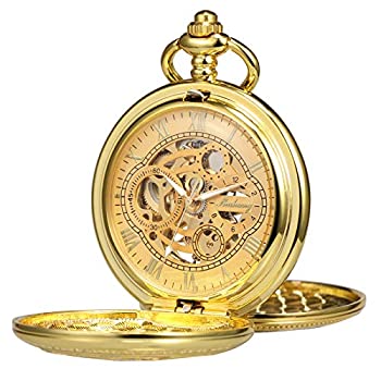 【中古】【輸入品・未使用】TREEWETO 懐中時計 スケルトン 手巻き機械 ダブルケース ローマ数字 アンティーク フォブチェーンボックス付き ゴールド