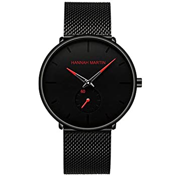 【中古】【輸入品・未使用】Hannah Martinメンズ腕時計ブラック超薄型腕時計メンズファッション防水ドレスステンレススチールバンド (赤)