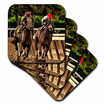 【中古】【輸入品・未使用】ロニ・チャステイン・フォトグラフィー動物2つ???馬と騎手Racing to Finish Line、泥Flying。???コースター set-of-4-Soft cst_98373_1｜ムジカ＆フェリーチェ店