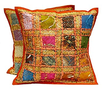 【中古】【輸入品・未使用】2 Orange Embroidery Sequin Patchwork Indian Sari Throw Pillow Cushion Covers|ムジカ&フェリーチェ店