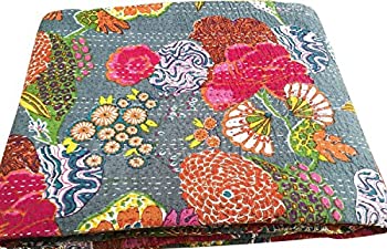 【中古】【輸入品・未使用】JGARTS GREY KANTHA FLORAL PRINTED QUEEN SIZE (90x108) INCHES GUDARI BEDSPREAD RALLI COTTON HANDMADE