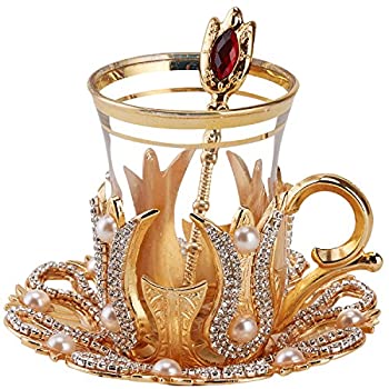 【中古】【インポート品・未当て嵌める】( Set of 6?)トルコTeaかざり付ける眼鏡書き割りSaucers保持者付き添い人刀圭、スワロフスキータイプクリスタルとパール、24個 ゴールド na