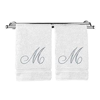【中古】【輸入品・未使用】Monogram　専用ハンドタオル　ゲストタオル　ウェディング婚約記念ギフト 2 Hand Towel-Silver Script Initial M ホワイト 85-713-864-101