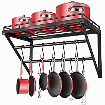 【中古】【輸入品・未使用】Oropy 壁掛けポットラック 鉄製調理器具オーガナイザー 収納棚付き Sフック12個付き フライパン/キッチン用品/本/植物に最適 Storage Shelf Type