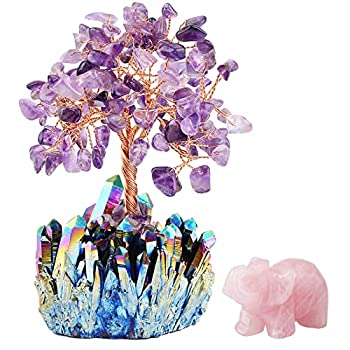 【中古】【輸入品・未使用】mookaitedecor アメジスト クリスタル お金の木 クリスタルベース&ローズクォーツ 象の置物 風水 富 幸運|ムジカ&フェリーチェ店
