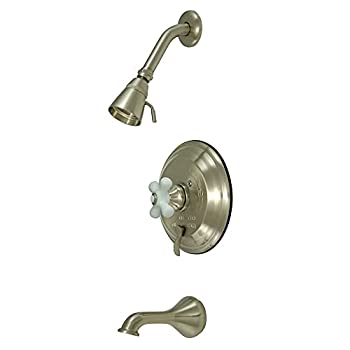 【中古】【輸入品・未使用】(satinnickel) - Kingston Brass KB36380PX Restoration Tub and Shower Faucet with Porcelain Cross Handle%ｶﾝﾏ% Satin Nickel