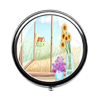 【中古】【輸入品・未使用】Flower and House 水彩画円形ピルボックス/ピルケース-? ピルボックス/ピルケース 3つのコンパートメント|ムジカ&フェリーチェ店